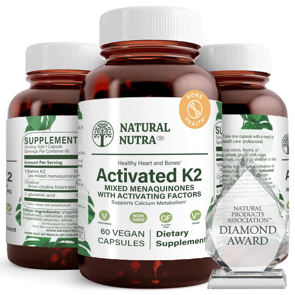 Natural Nutra full spectrum K2 bottle highlighting 75 mcg calcium metabolism support.