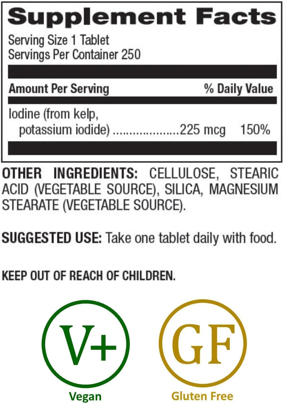 Natural Nutra Kelp iodine bottle label shows vegan, non-GMO formulation for wellness.