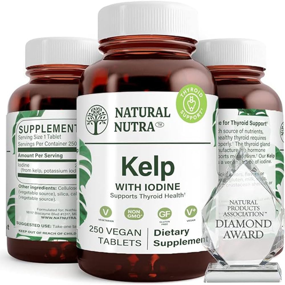 Natural Nutra Kelp iodine tablet close-up highlighting daily thyroid support potential.