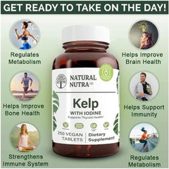 Natural Nutra Kelp iodine tablets being dispensed for easy daily use.