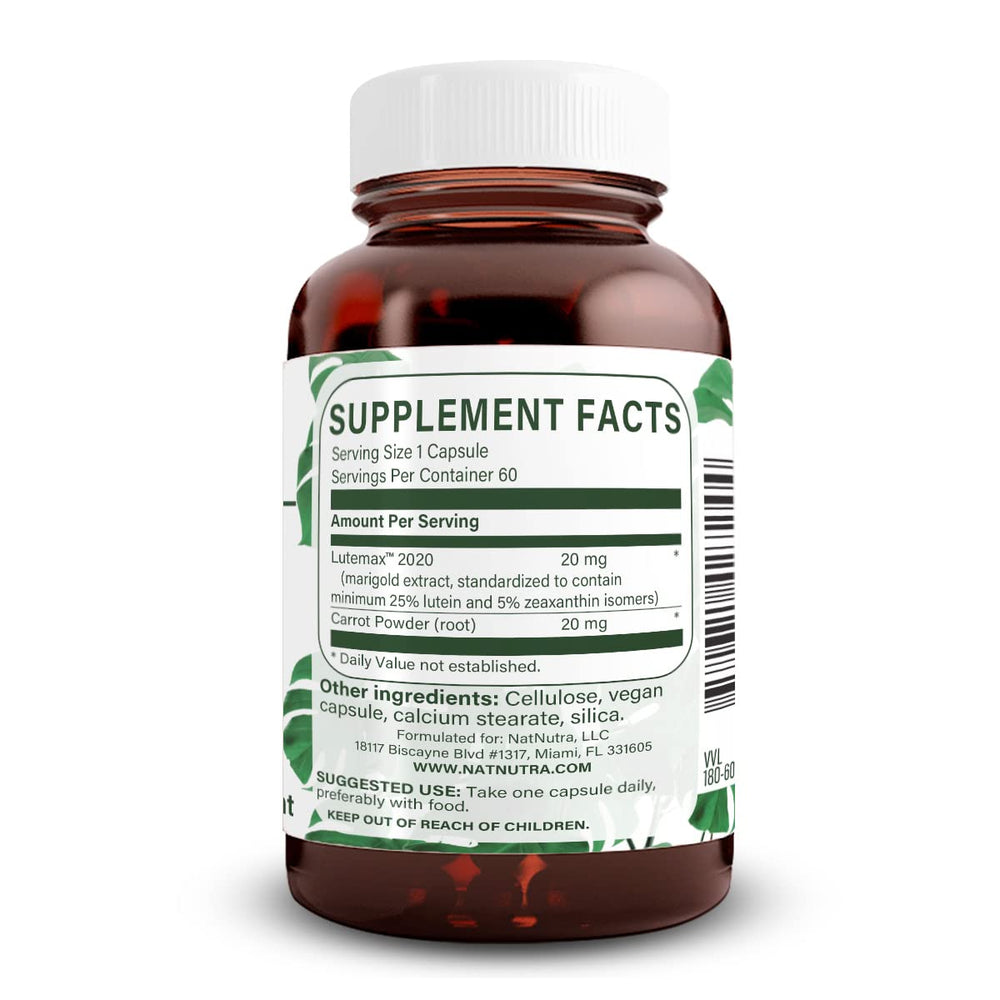Natural Nutra capsules close-up showing a 20 mg dose for eye wellbeing