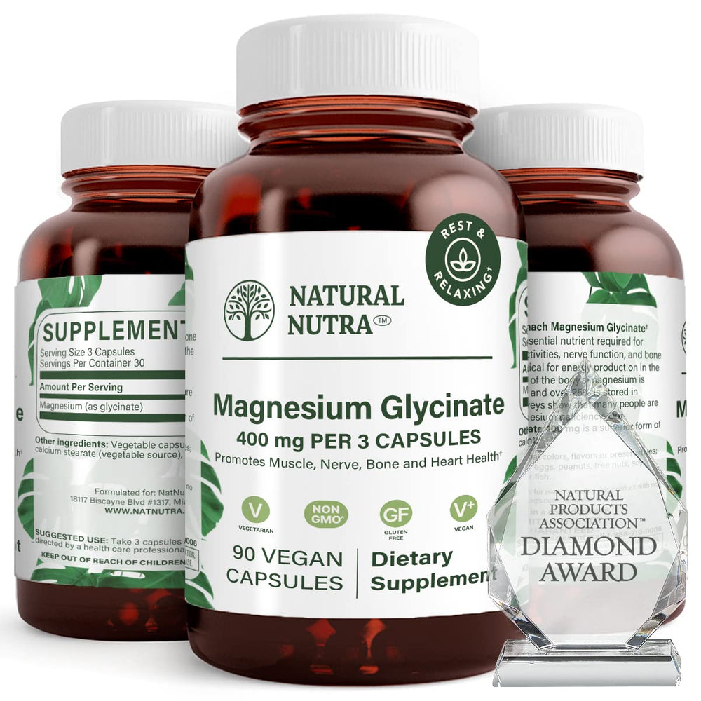 Natural Nutra Magnesium Glycinate 400 mg bottle with easy to swallow capsules.