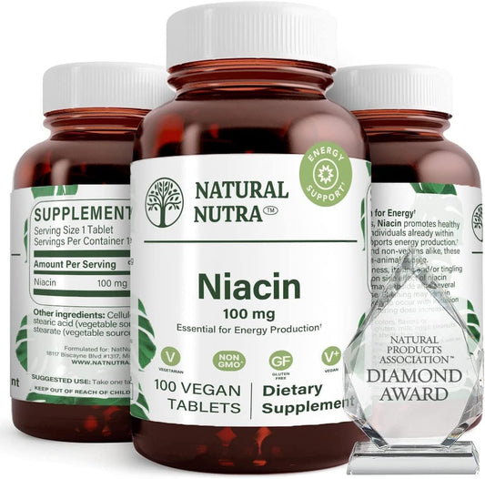 Natural Nutra Niacin bottle 3-pack with easy-to-swallow tablets for daily energy support