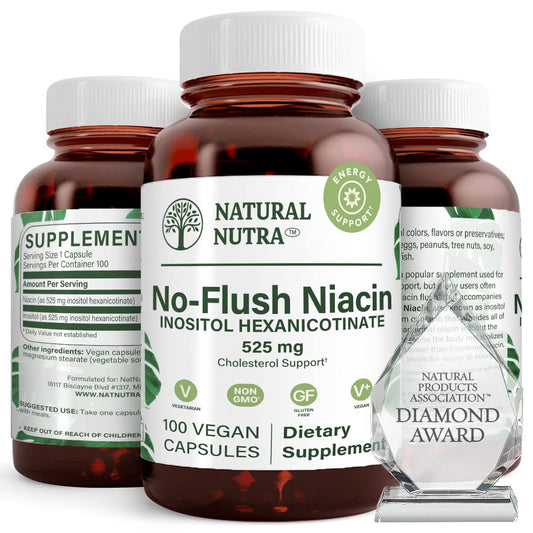 Natural Nutra No Flush Niacin bottle label showing 525 mg and vegan formula