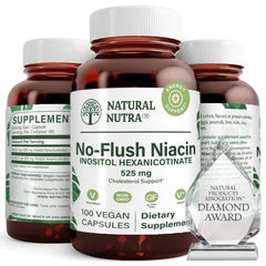 Natural Nutra No Flush Niacin bottle label showing 525 mg and vegan formula