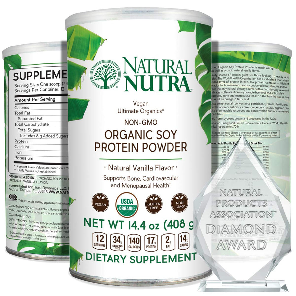 Natural Nutra Organic Soy Protein Powder vanilla tub for plant-based nutrition.