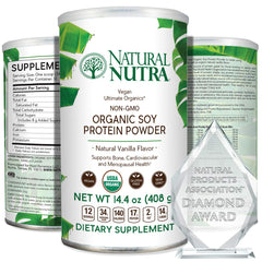 Natural Nutra Organic Soy Protein Powder vanilla tub for plant-based nutrition.