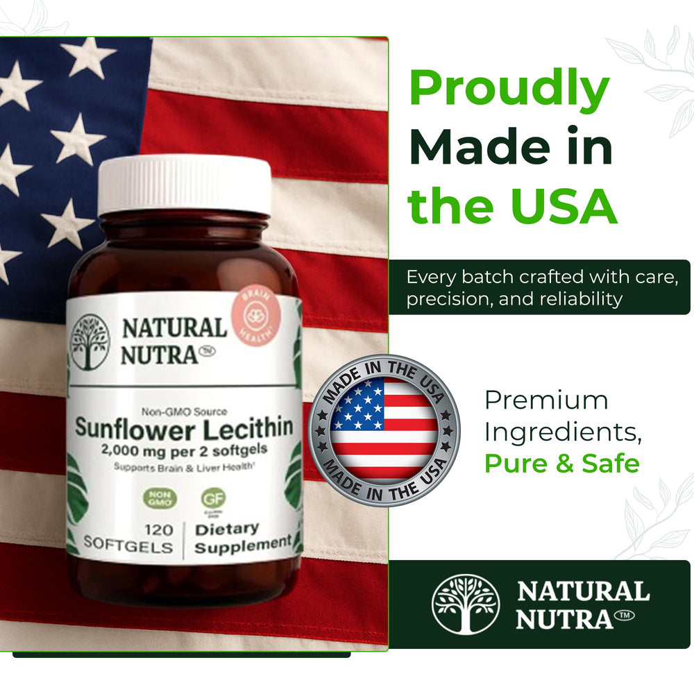 Natural Nutra Sunflower Lecithin product badge shows non-GMO gluten-free