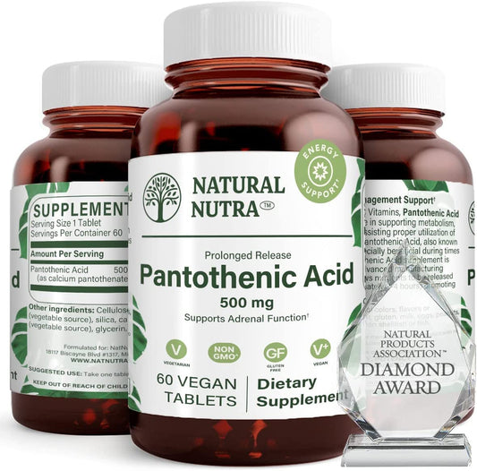 Natural Nutra Time Release Pantothenic Acid bottle with extended-release delivery for steady energy.