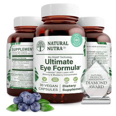 Natural Nutra Ultimate Eye Health bottle pour shows bilberry-blueberry blend for day and night vision support