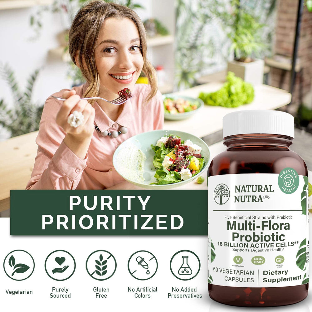 Natural Nutra Ultimate Flora amber glass bottle on shelf signaling recyclable packaging