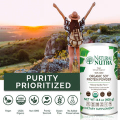 Natural Nutra vanilla flavor soy protein powder ready for shakes and recipes.