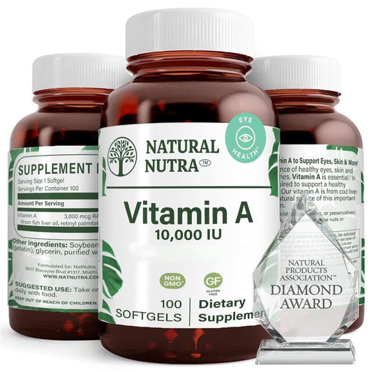 Natural Nutra Vitamin A 10000 IU softgels bottle showcasing eye health support