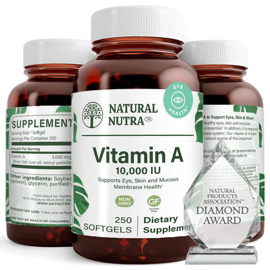 Natural Nutra Vitamin A 10,000 IU softgels bottle supports eye health and skin vitality.