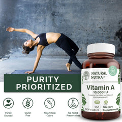 Natural Nutra Vitamin A softgels on shelf support daily skin care.