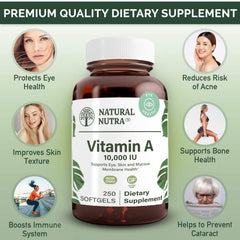 Natural Nutra Vitamin A gluten-free label highlights allergen-free supplement option.