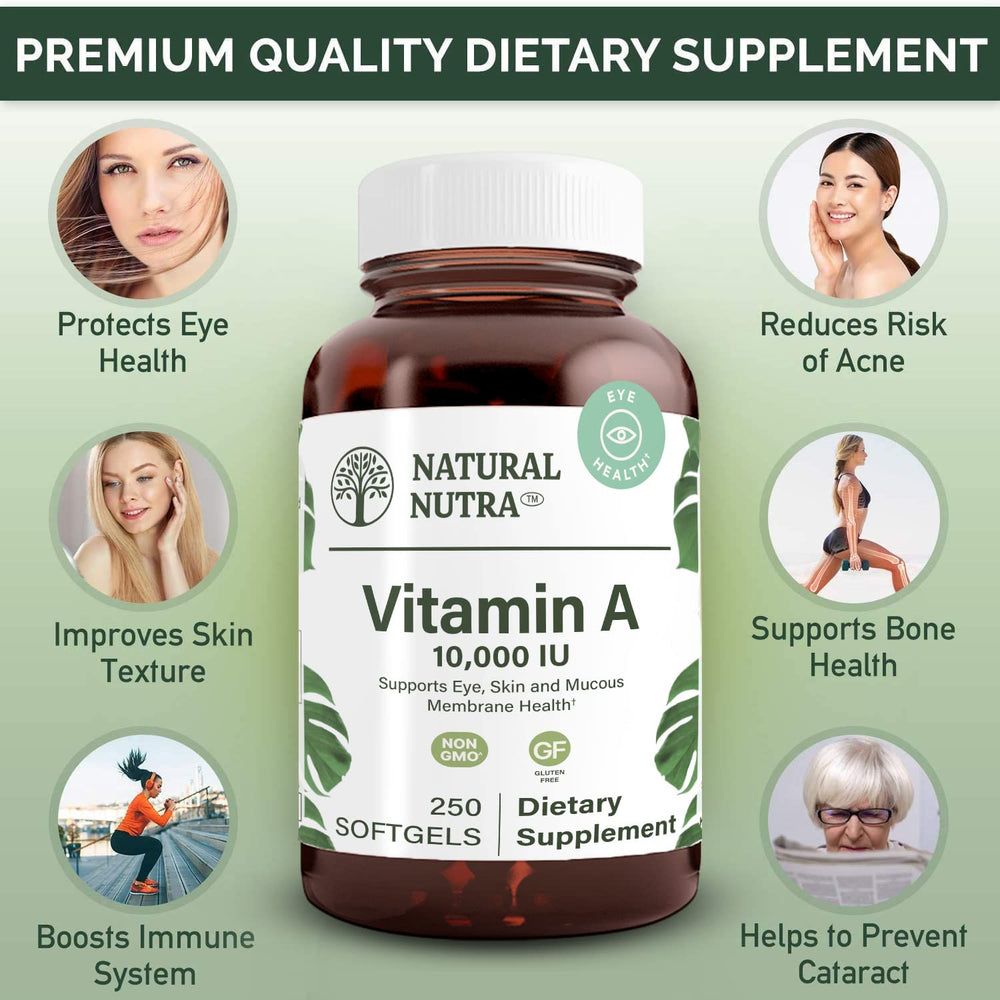Natural Nutra Vitamin A bottle with gluten-free formula for daily use