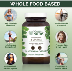 Natural Nutra Vitamin B Complex ingredient blend featuring rice bran and greens.