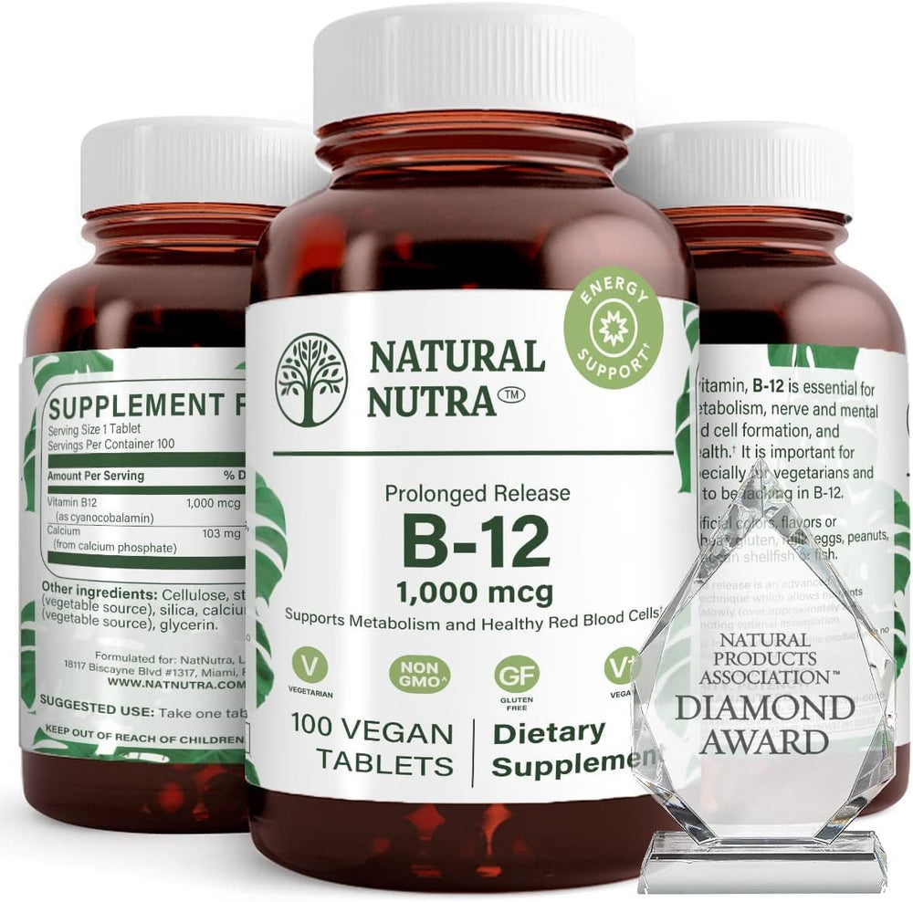 Amber glass bottle packaging of Natural Nutra Vitamin B12 signals purity and sustainability