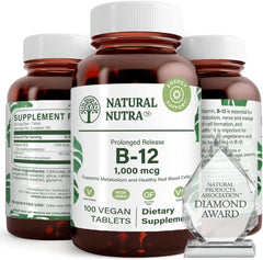 Amber glass bottle packaging of Natural Nutra Vitamin B12 signals purity and sustainability
