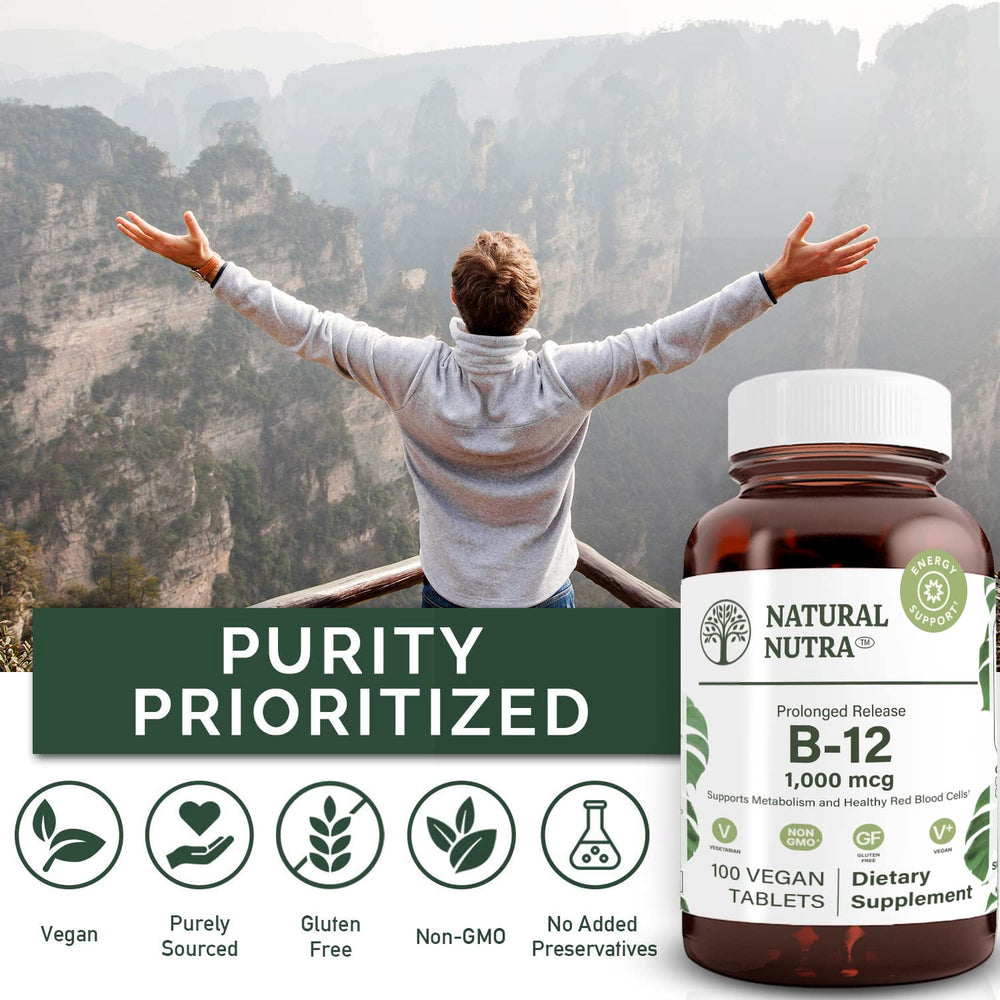 Natural Nutra Vitamin B12 tablets shown for easy daily use and dosing