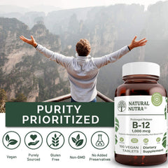 Natural Nutra Vitamin B12 tablets shown for easy daily use and dosing