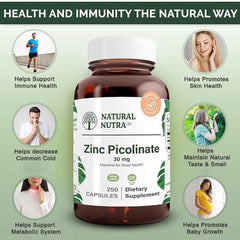 Natural Nutra Zinc Picolinate 30mg capsules close-up showing easy-to-swallow form