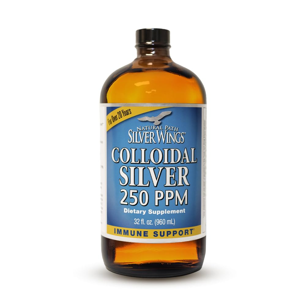 Natural Path Silver Wings colloidal silver in amber glass bottle preserves potency.
