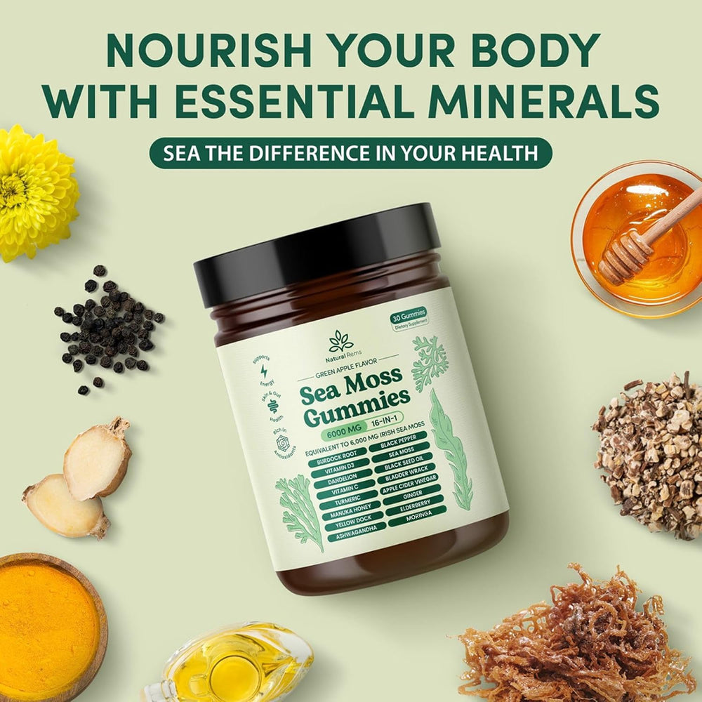 Natural Rems Sea Moss Gummies close-up reveals chewy texture and vivid color.
