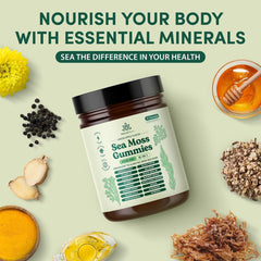 Natural Rems Sea Moss Gummies close-up reveals chewy texture and vivid color.