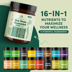 Natural Rems Sea Moss Gummies label highlights key ingredients and benefits.