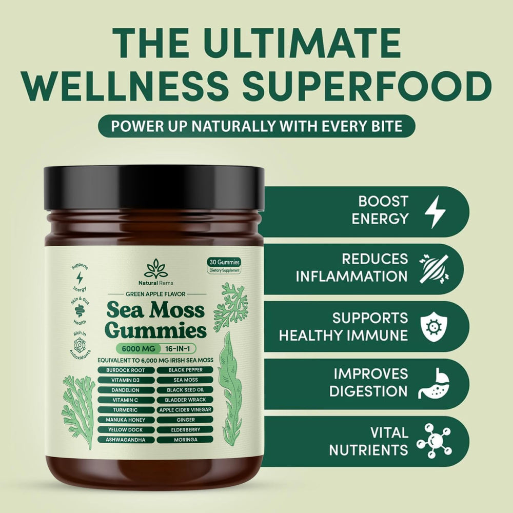 Natural Rems Sea Moss Gummies packaging demonstrates travel-friendly bottle.