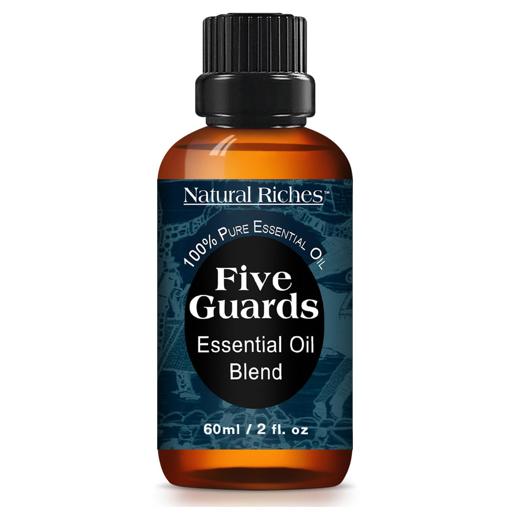 Natural Riches Five Guards bottle front showing blend for aromatherapy and ambiance