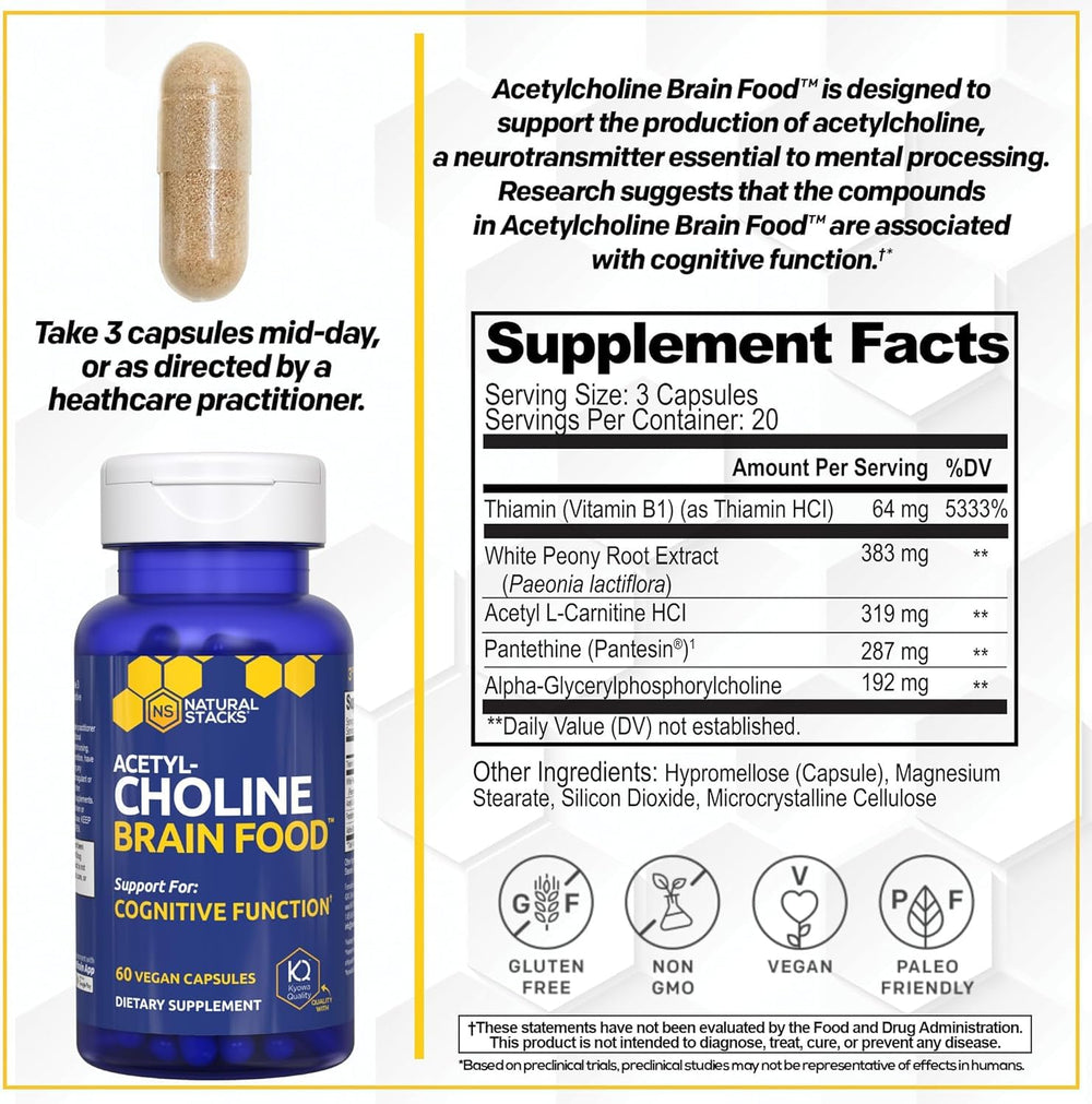 Natural Stacks Acetylcholine Brain Food label disclosure displaying transparent ingredients