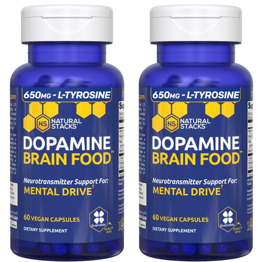 Natural Stacks Dopamine Brain Food bottle close-up showing 650mg L-Tyrosine for focus.