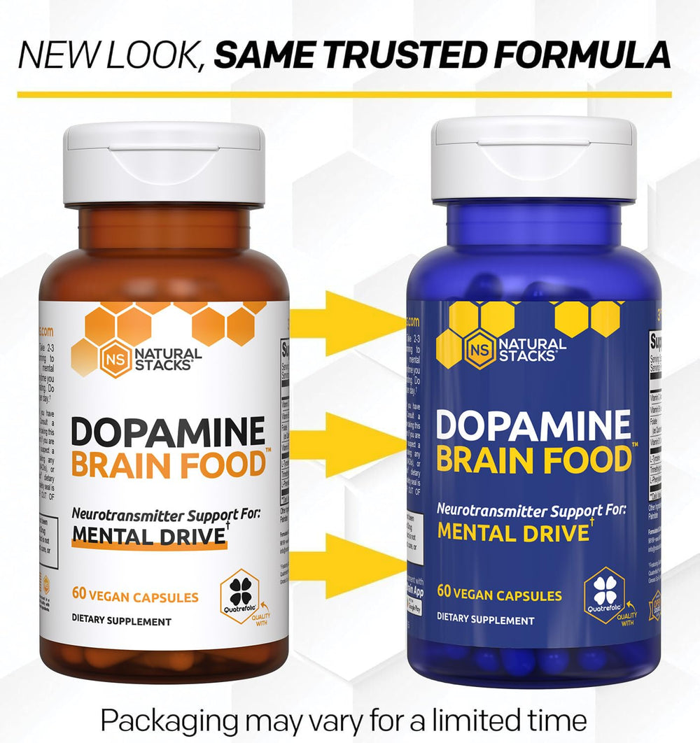 NATURAL STACKS Dopamine Tyrosine capsules near bottle promote clear thinking