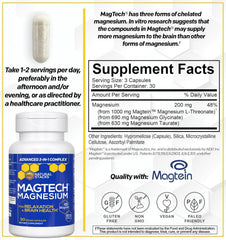 Close-up of MagTech capsules highlighting the triple magnesium blend.