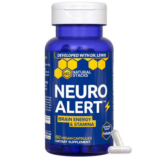 Natural Stacks NeuroAlert bottle-front for caffeine-free focus without jitters