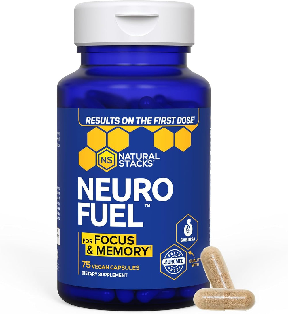 Natural Stacks NeuroFuel bottle front showing sleek packaging for focus support