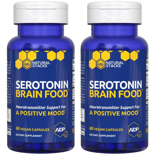 Natural Stacks Serotonin Brain Food bottle front highlights mood-supporting capsules