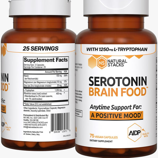 Natural Stacks Serotonin Brain Food bottle with capsules supports mood balance.