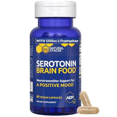 Natural Stacks Serotonin Brain Food capsules close-up shows daily dosing