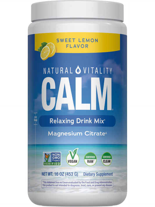 Natural Vitality CALM bottle with lemon flavor for relaxation moments.