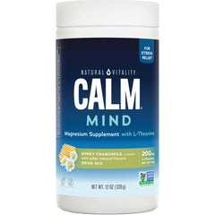 Natural Vitality CALM Mind bottle label shows honey chamomile flavor for a calming sip