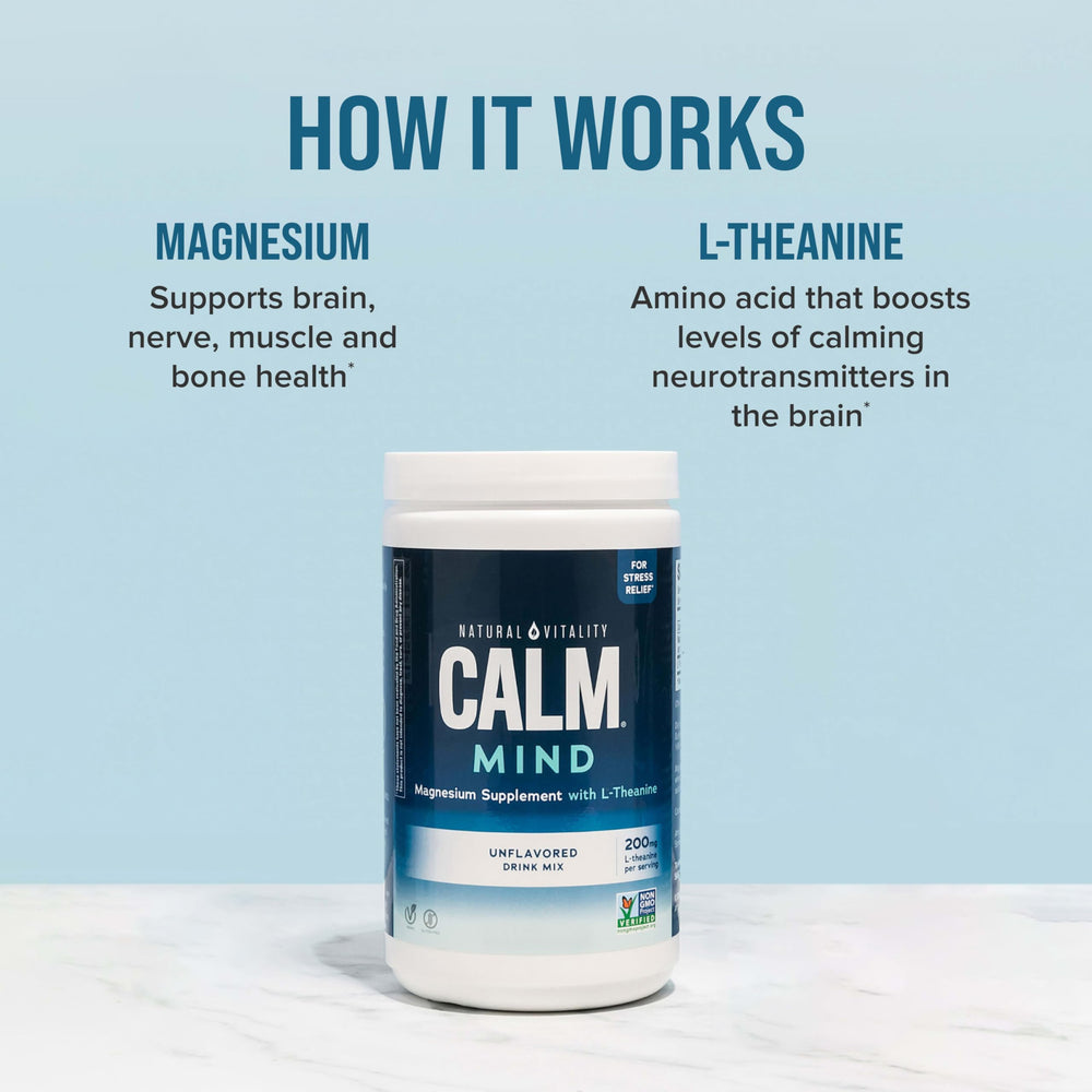 Natural Vitality CALM Mind label close-up highlighting key ingredients