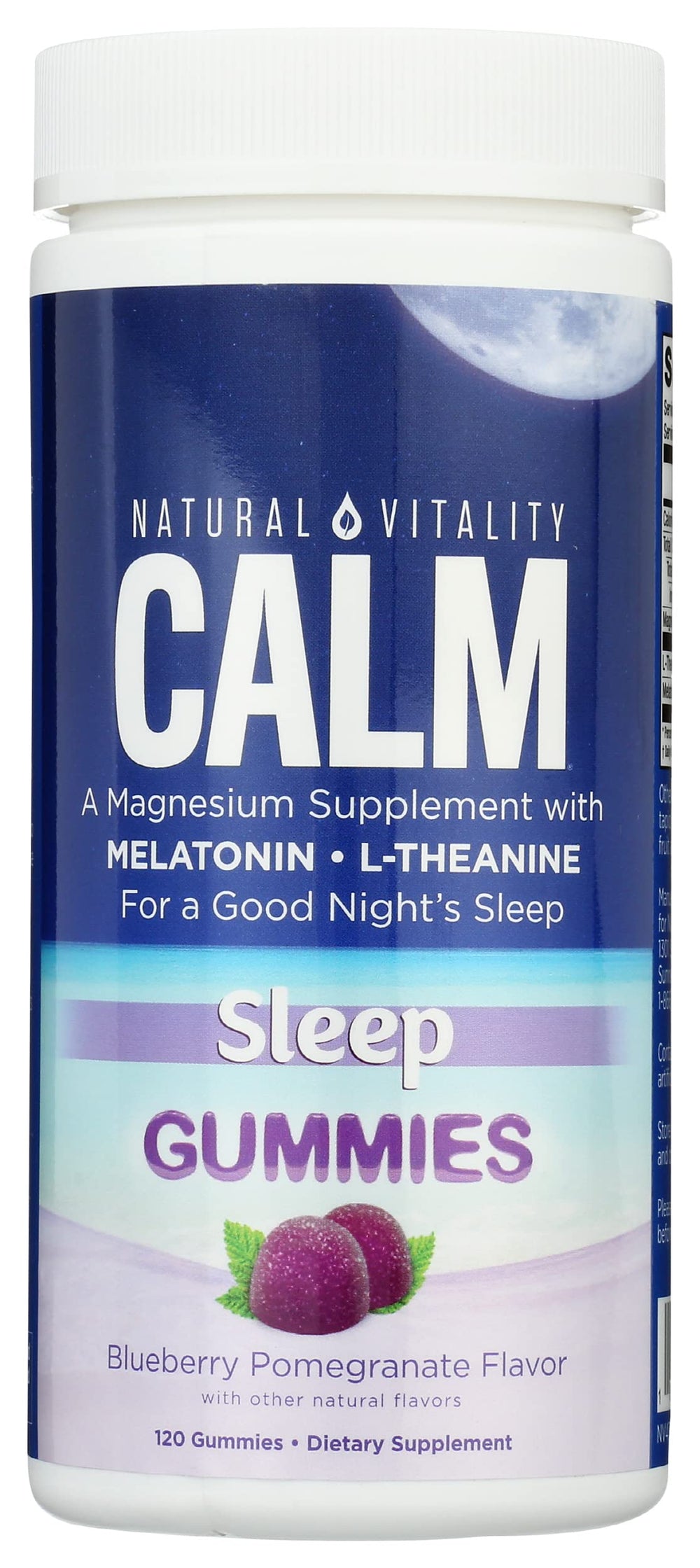 Natural Vitality Calm Sleep Gummies in blueberry pomegranate flavor for a peaceful night's rest