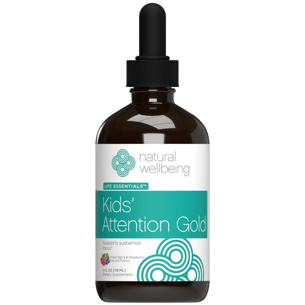 Natural Wellbeing Kids' Attention Gold bottle front for daily focus support