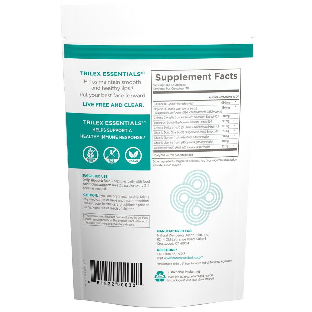 Natural Wellbeing Trilex Essentials capsules close-up highlighting immune-support herbs.