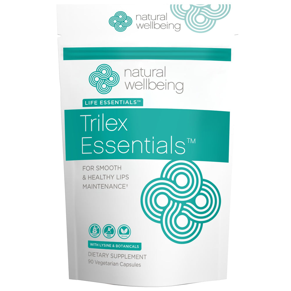 Natural Wellbeing Trilex Essentials bottle supports healthy lips and immune balance.