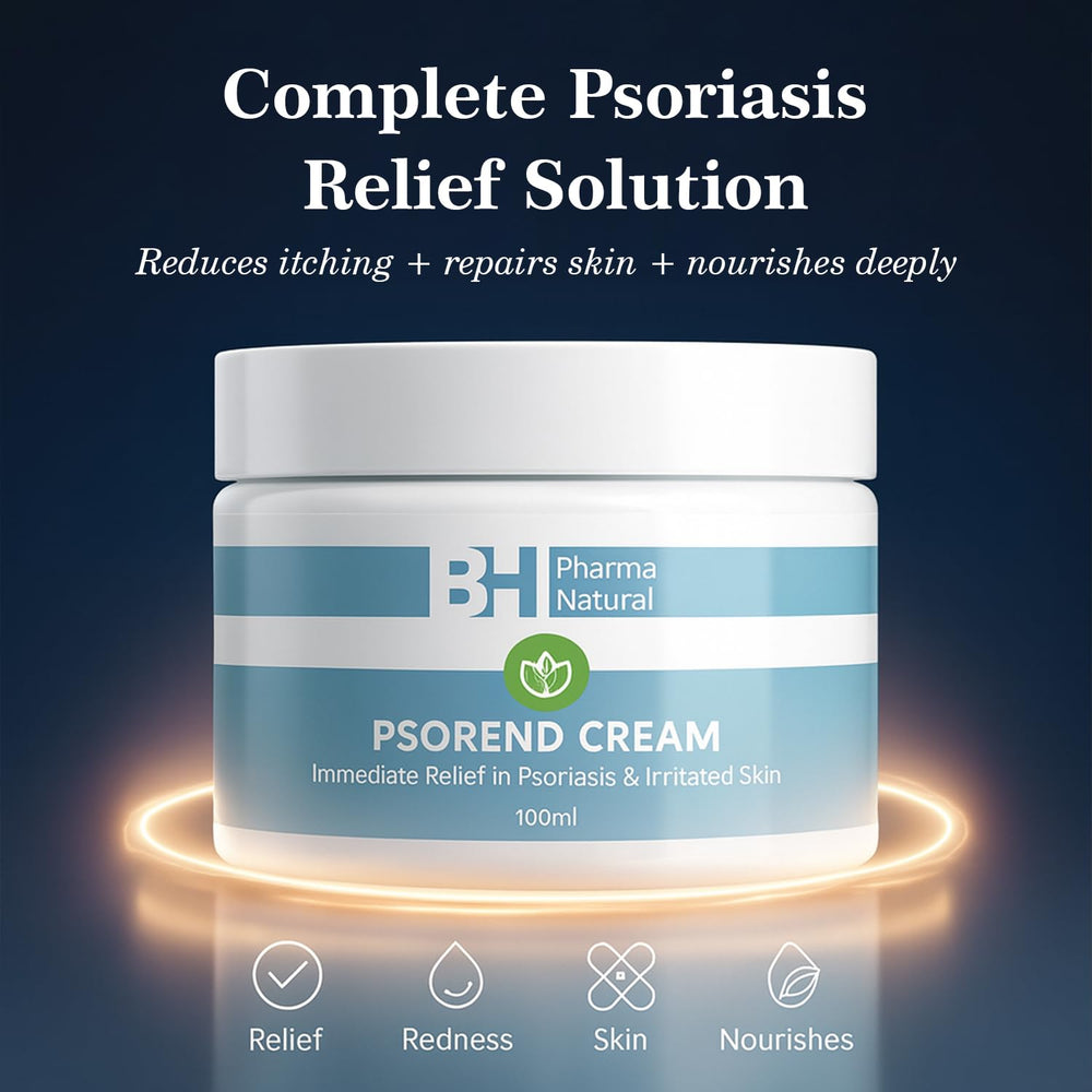 Natural Cream psoriasis relief packaging box emphasizes protective barrier benefits.